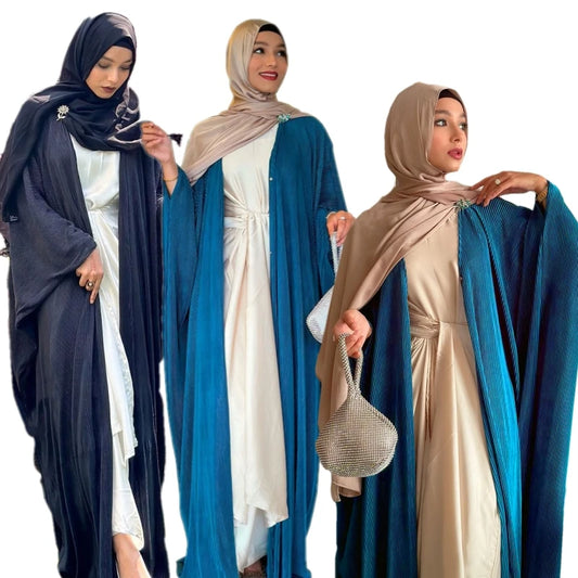 Radiant Ramadan Pleated Abayas: Dubai Kimono Sleeve Cardigan Dress for Stylish Women Embracing Turkey Kaftan Muslim Islamic Fashion
