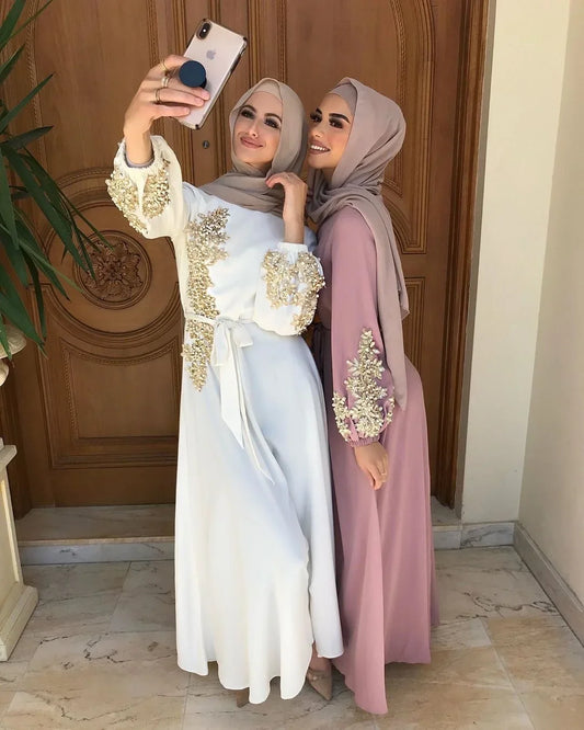 Abaya Embroidered Muslim Long Dress Women Pearls Kaftan Abayas
